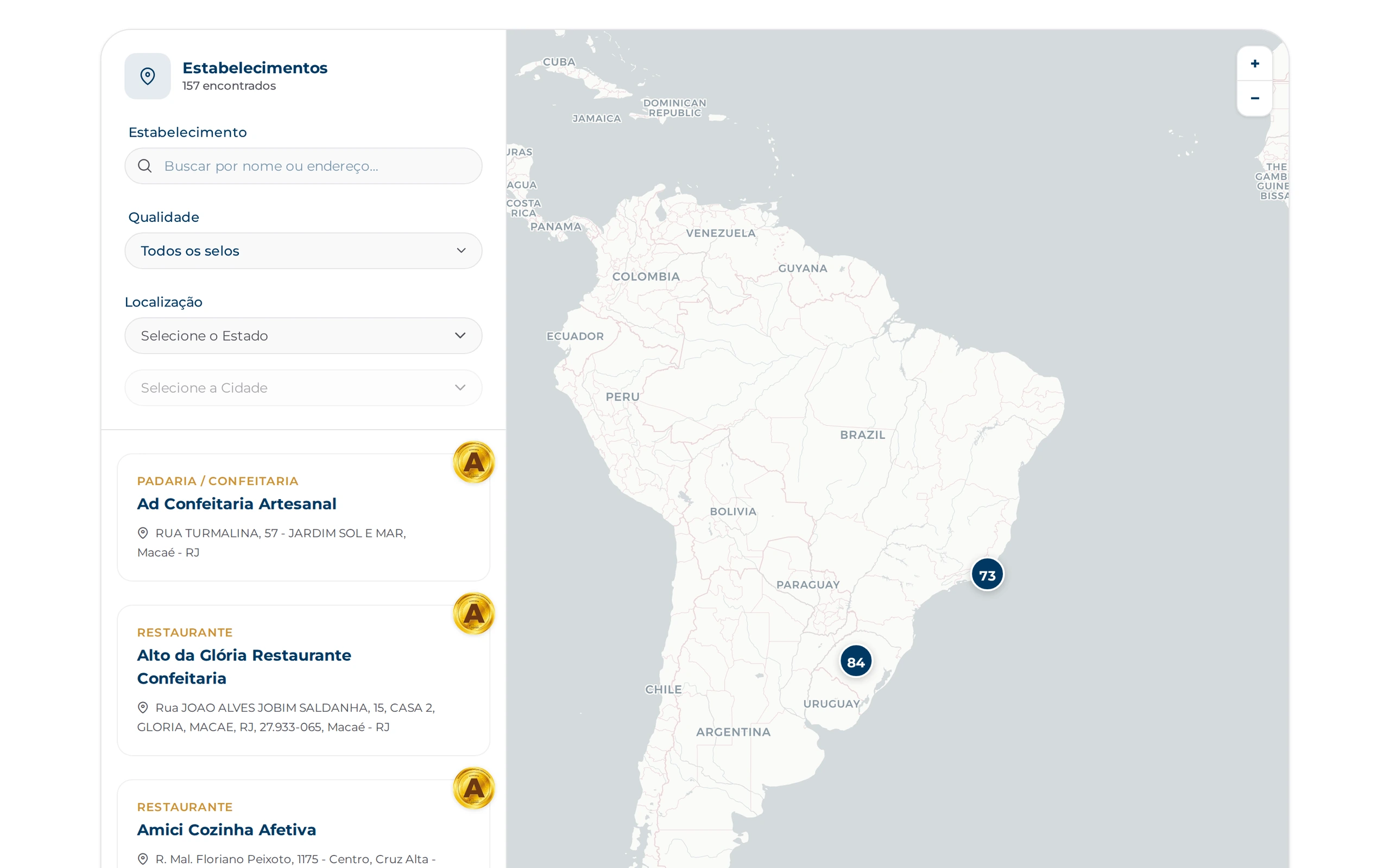 Mapa de georreferenciamento com clusterização, filtros por selo e localização, e a lista sincronizada com a viewport.