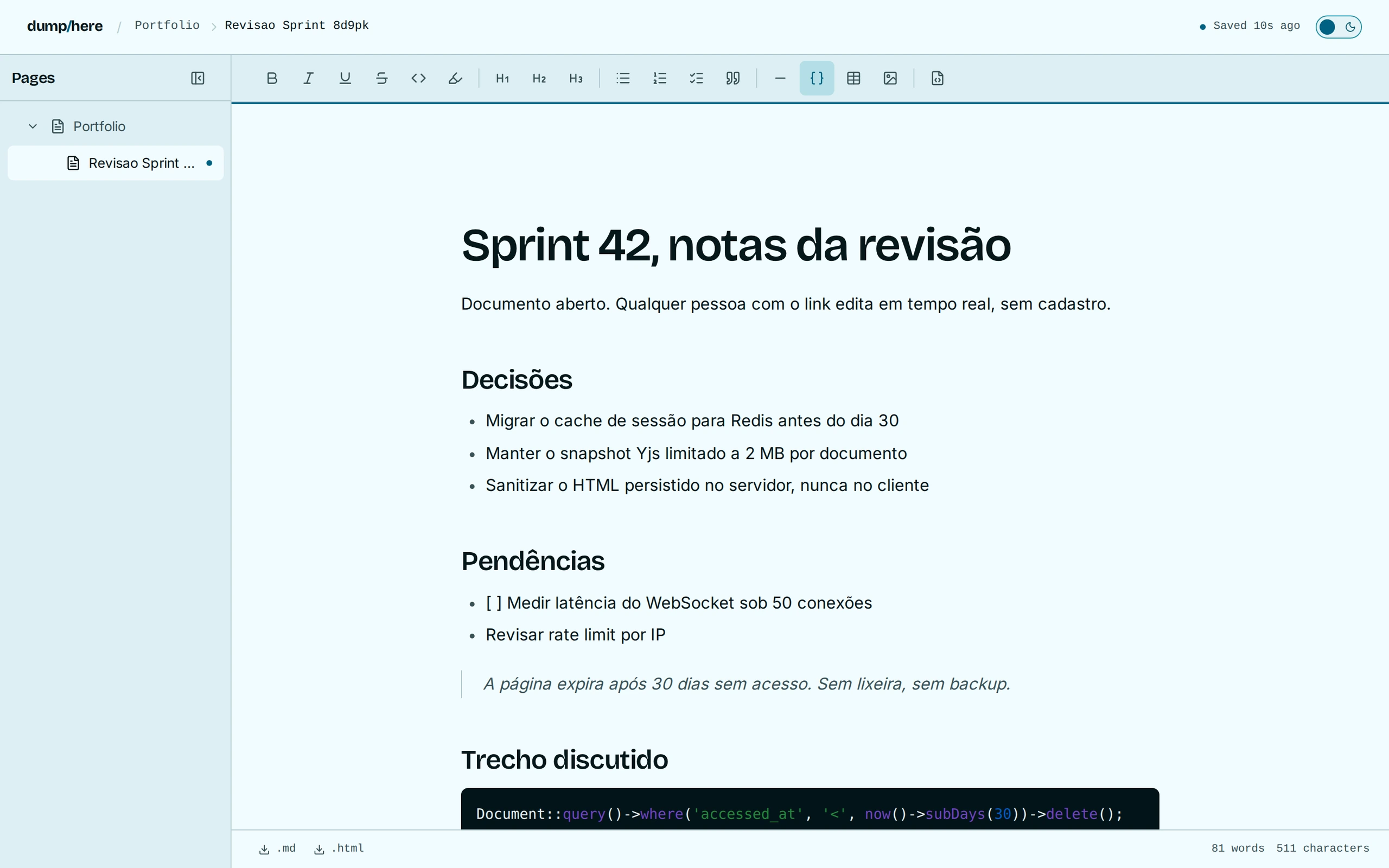 Editor do Dumphere com documento em Markdown, bloco de código e cursor de outro participante