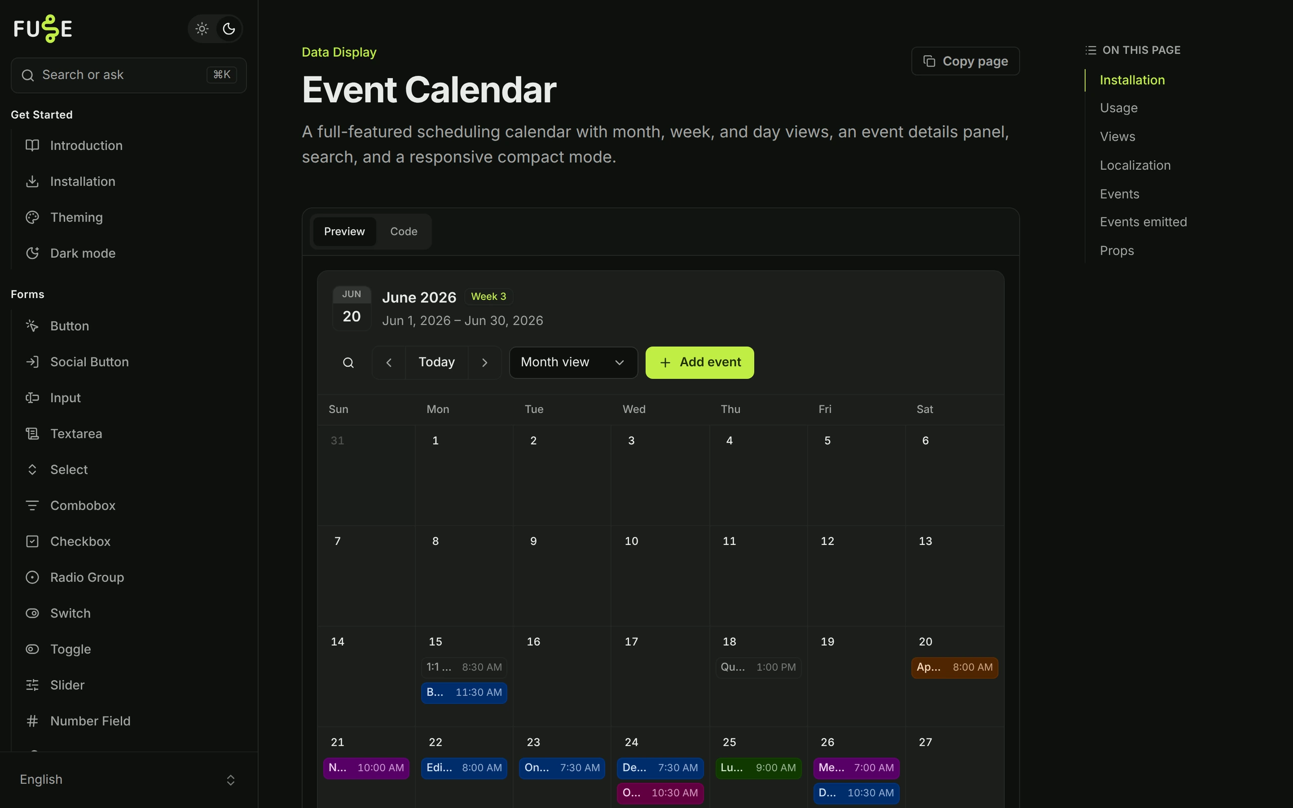 Documentação do FUSE UI mostrando o componente Event Calendar em modo mês