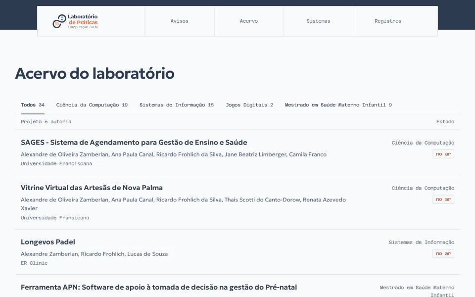 O acervo reúne os projetos dos cursos, com filtro por curso, a autoria de cada um e a indicação dos sistemas que estão no ar.